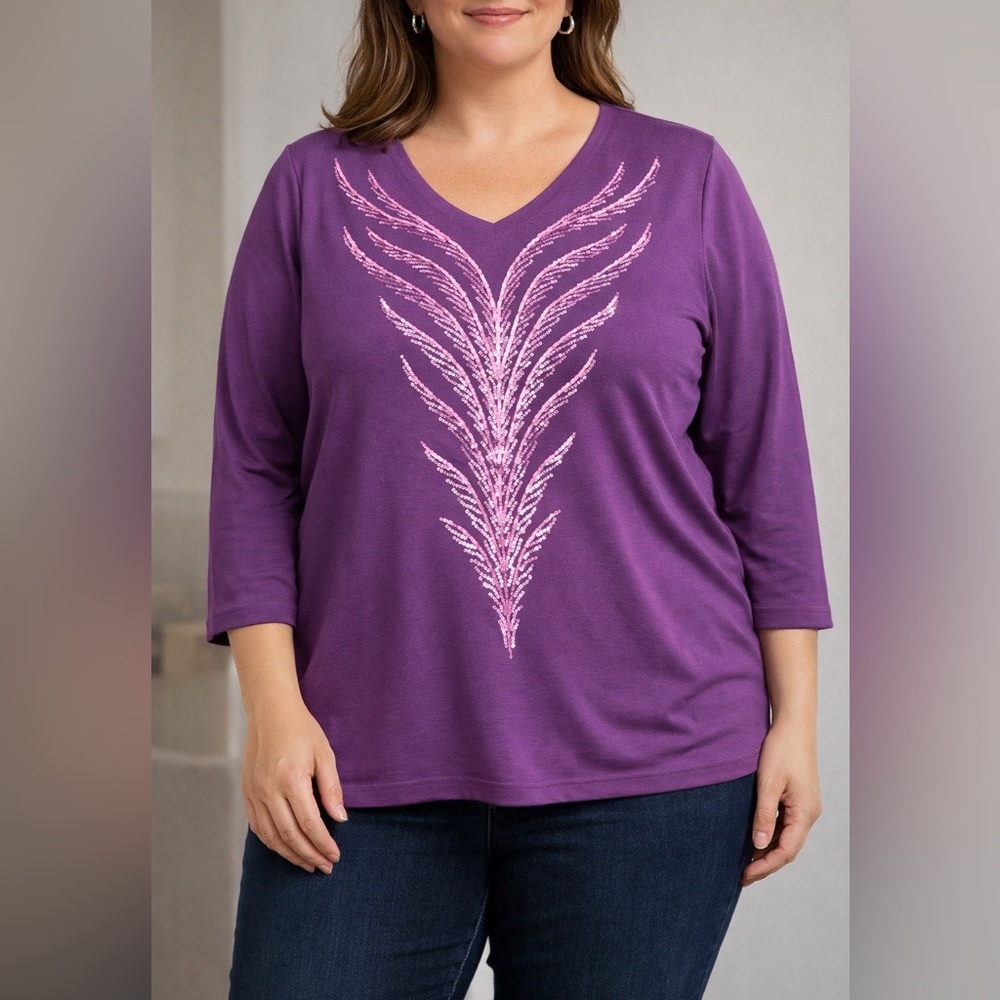 Bob Mackie Wearable Art Purple Sequin Embellished V-Neck 3/4 Sleeve Top Women’s